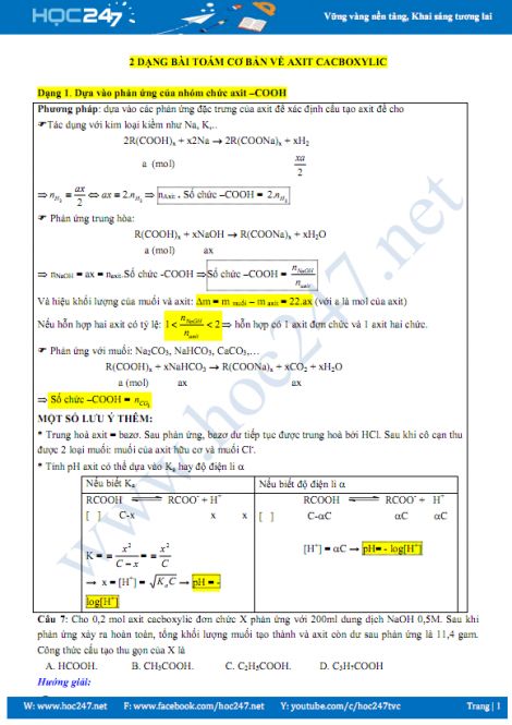 2 Dạng Bai Toan Cơ Bản Về Axit Cacboxylic Mon Hoa Học 12 Năm 19