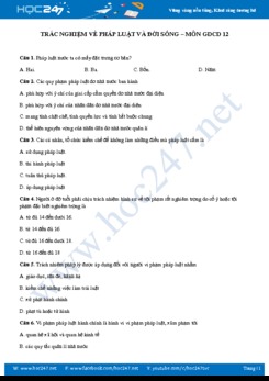 Đề trắc nghiệm ôn tập về Pháp luật và đời sống môn GDCD 12 năm học 2019 - 2020 có đáp án