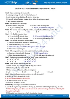 Câu hỏi trắc nghiệm Nhôm và hợp chất của Nhôm môn Hóa học 12