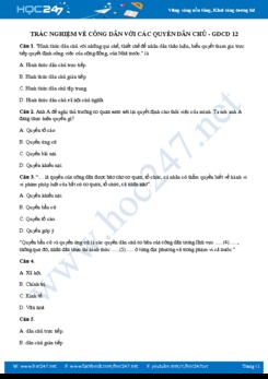Trắc nghiệm về Công dân với các quyền dân chủ GDCD 12 năm học 2019 - 2020 có đáp án