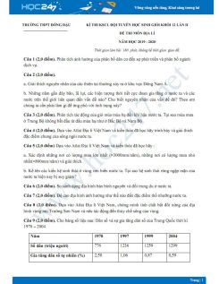 Đề thi KSCL HSG môn Địa lý lớp 12 năm 2019-2020 - Trường THPT Đồng Đậu lần 2 có đáp án