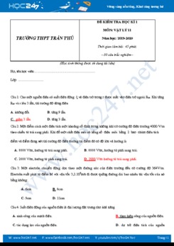 Đề thi trắc nghiệm HK1 môn Vật lý 11 năm học 2019-2020 trường THPT Trần Phú có đáp án