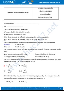 Đề thi Học kì 1 môn Vật lý 11 năm học 2019-2020 trường THPT Nguyễn Văn Cừ có đáp án