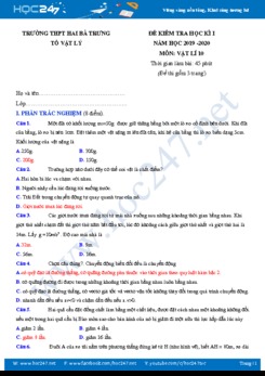 Đề thi HK1 môn Vật lý 10 năm học 2019-2020 trường THPT Hai Bà Trưng có đáp án