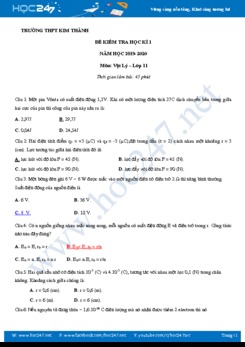 Đề kiểm tra Học kì 1 môn Vật lý 11 năm học 2019-2020 trường THPT Kim Thành có đáp án
