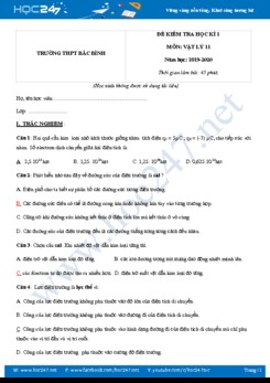 Đề kiểm tra HK1 môn Vật lý 11 năm học 2019-2020 trường THPT Bắc Bình có đáp án trắc nghiệm