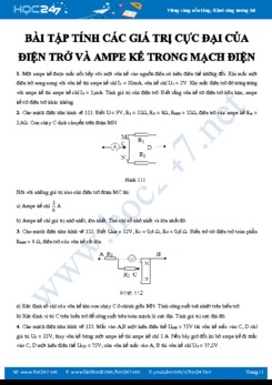 Bài tập tính các giá trị cực đại của Điện trở và Ampe kế trong mạch điện môn Vật lý 9 năm 2020
