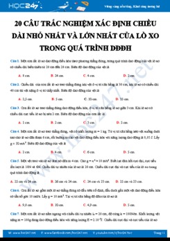 20 câu trắc nghiệm xác định chiều dài nhỏ nhất và lớn nhất của lò xo trong quá trình DĐĐH