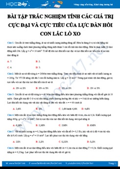 Bài tập trắc nghiệm tính các giá trị cực đại và cực tiểu của lực đàn hồi con lắc lò xo môn Vật lý 12