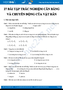 27 câu trắc nghiệm Cân bằng và chuyển động của vật rắn mức độ nhận biết và hiểu môn Vật lý 10
