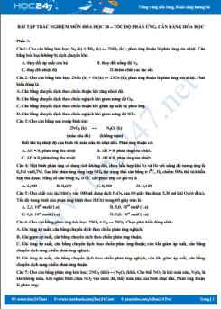 Bài tập trắc nghiệm môn Hóa học 10 - Tốc độ phản ứng, cân bằng Hóa học