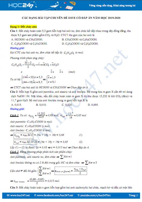 Cac Dạng Bai Tập Chuyen đề Este Co đap An Năm Học 19