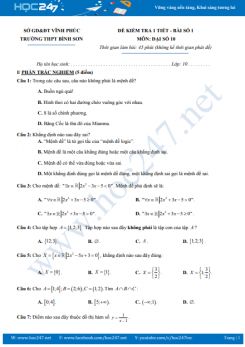 Đề kiểm tra 1 tiết Chương 1, 2 Đại số 10 năm học 2019 - 2020 Trường THPT Bình Sơn