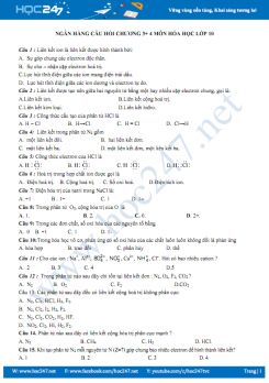 Ngân hàng câu hỏi chương 3 + 4 môn Hóa học lớp 10 năm 2019-2020 Trường THPT Hướng Hóa