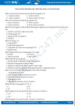 Ngân hàng đề kiểm tra môn Hóa học 10 năm 2019-2020