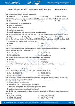 Ngân hàng câu hỏi chương 3, 4 môn Hóa học 12 năm 2019-2020