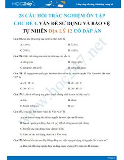 28 Câu hỏi trắc nghiệm ôn tập chủ đề 4. Vấn đề sử dụng và bảo vệ tự nhiên Địa lý 12 có đáp án