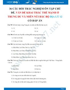 36 Câu hỏi trắc nghiệm ôn tập chủ đề. Vấn đề khai thác thế mạnh ở trung du và miền núi bắc bộ Địa lý 12 có đáp án
