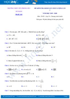 Đề thi KSCL môn Toán 10 năm học 2019 - 2020 có đáp án Trường THPT Yên Phong 1 lần 1