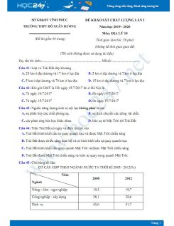 Đề KSCL môn Địa lý lớp 10 năm 2019-2020 - Trường THPT Hồ Xuân Hương lần 1 có đáp án