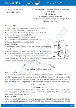 Đề thi chọn HSG có đáp án môn Hóa học 9 năm 2019-2020 Sở GD&ĐT Quảng Bình