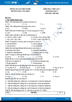 Đề kiểm tra 1 tiết lần 3 môn Hóa học 9 năm 2019-2020 Trường THCS Văn Nhân