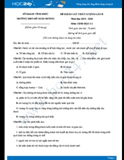 Đề KSCL môn Sinh học lớp 11 năm 2019-2020 - Trường THPT Hồ Xuân Hương lần 2 có đáp án