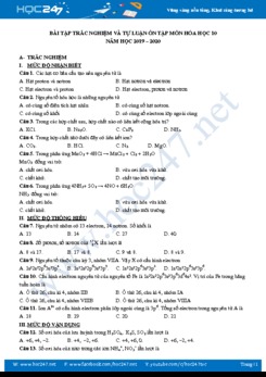 Bài tập trắc nghiệm và tự luận ôn tập môn Hóa học 10 năm học 2019-2020