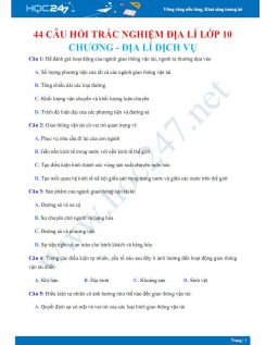 44 Câu hỏi trắc nghiệm Địa lí lớp 10 Chương - Địa lí dịch vụ