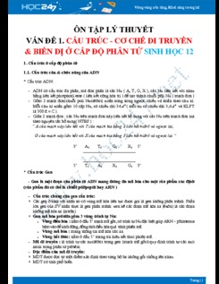 Lý thuyết ôn tập Vấn đề 1. Cấu trúc - cơ chế di truyền và biến dị ở cấp độ phân tử Sinh học 12