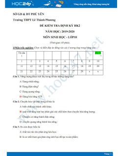 Đề kiểm tra 1 tiết HK2 môn Sinh lớp 10 năm 2019-2020 - Trường THPT Lê Thành Phương