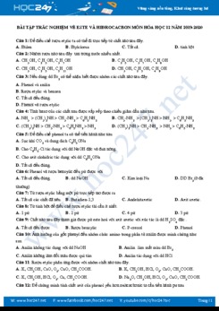 Bài tập trắc nghiệm về este và hiđrocacbon môn Hóa học 12 năm 2019-2020