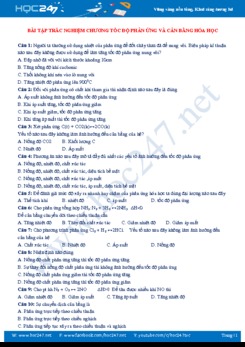 Bài tập trắc nghiệm Chương Tốc độ phản ứng và cân bằng Hóa học năm 2019-2020