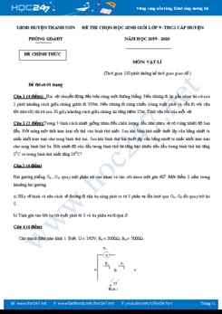 Đề thi chọn HSG môn Vật lý 9 năm học 2019-2020 phòng GD&ĐT huyện Thanh Sơn có đáp án