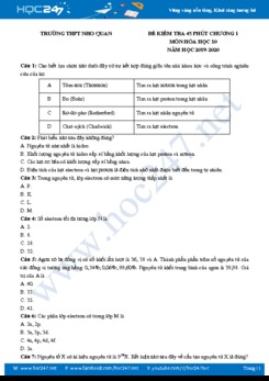 Đề kiểm tra 45 phút Chương 1 môn Hóa học 10 năm 2019-2020 Trường THPT Nho Quan