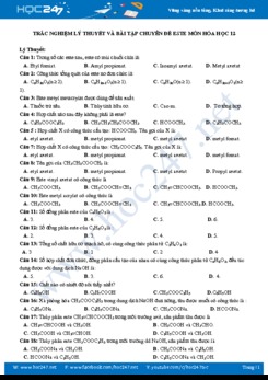 Trắc nghiệm lý thuyết và bài tập chuyên đề este môn Hóa học 12 năm 2019-2020 Trường THPT Nguyễn Văn Cừ
