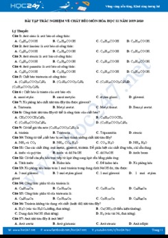 Bài tập trắc nghiệm về chất béo môn Hóa học 12 năm 2019-2020 Trường THPT Nguyễn Văn Cừ