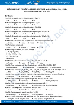 Trắc nghiệm lý thuyết và bài tập chuyên đề Amin môn Hóa học 12 năm 2019-2020 Trường THPT Hoa Lưu