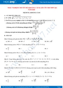 Trắc nghiệm chuyên đề Khoảng cách và Góc trong không gian Oxyz ôn thi THPT QG năm 2020