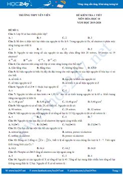 Bộ 4 đề kiểm tra 1 tiết môn Hóa học 10 năm 2019-2020 Trường THPT Yên Viên