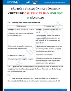 Câu hỏi tự luận ôn tập tổng hợp chuyên đề Cấu trúc tế bào Sinh học 10 nâng cao  - Trường THPT Vĩnh Linh