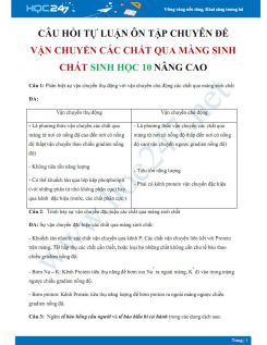 Câu hỏi tự luận ôn tập chuyên đề Vận chuyển các chất qua màng sinh chất Sinh học 10 nâng cao  - Trường THPT Vĩnh Linh