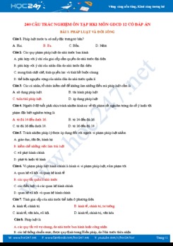 240 câu trắc nghiệm ôn tập HK1 môn GDCD 12 năm học 2019 - 2020 có đáp án