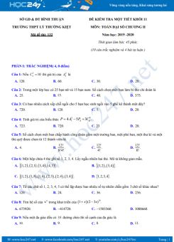 Đề kiểm tra 1 tiết Chương 2 ĐS & GT 11 Trường THPT Lý Thường Kiệt năm học 2019 - 2020