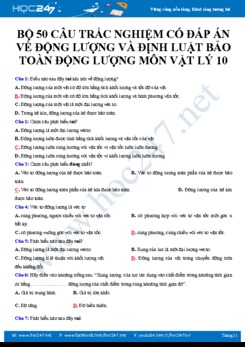 Bộ 50 câu trắc nghiệm có đáp án về Động lượng và Định luật bảo toàn động lượng môn Vật lý 10
