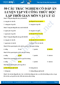 50 câu trắc nghiệm có đáp án luyện tập về Công thức độc lập thời gian môn Vật lý 12