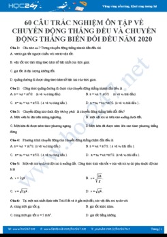 60 câu trắc nghiệm ôn tập về Chuyển động thẳng đều và chuyển động thẳng biến đổi đều năm 2020