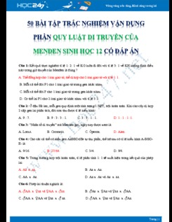 50 Bài tập trắc nghiệm vận dụng phần Quy luật di truyền của Menđen Sinh học 12 có đáp án