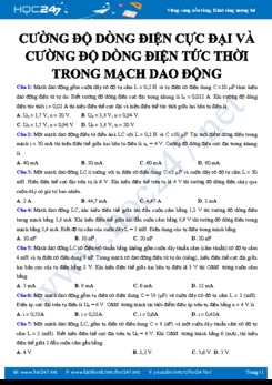 Bài tập trắc nghiệm Vật lý 12 về Cường độ dòng điện cực đại và cường độ dòng điện tức thời trong mạch dao động