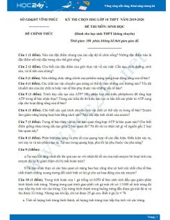 Đề thi HSG môn Sinh học lớp 10 năm 2019-2020 - Sở GD&ĐT Vĩnh Phúc có đáp án